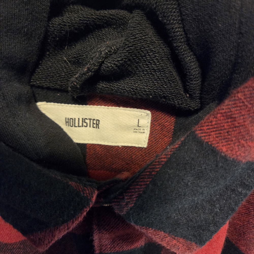 Hollister Black and Red Plaid Flannel Button-Up Hoodie